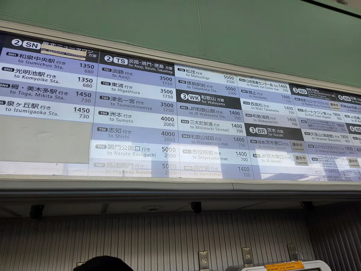 목적지별 가격표