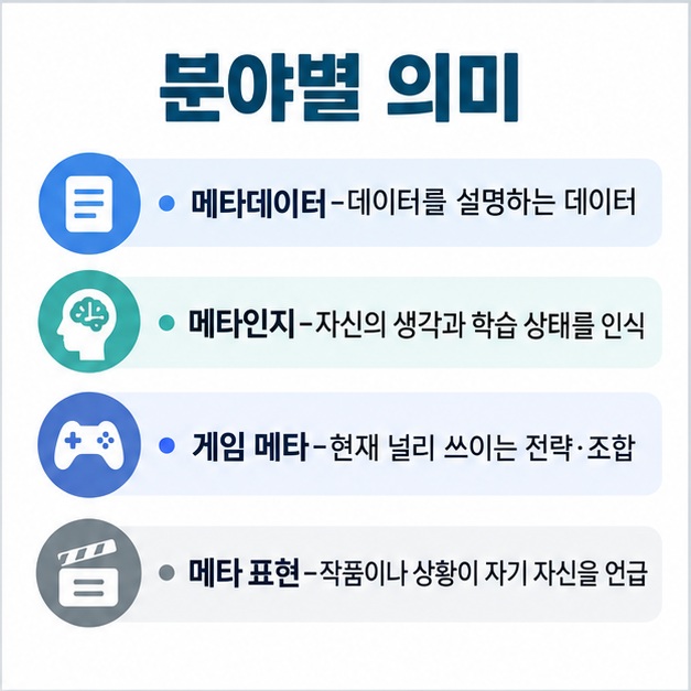 메타데이터 메타인지 게임 메타 메타 표현의 뜻을 표로 비교한 이미지
