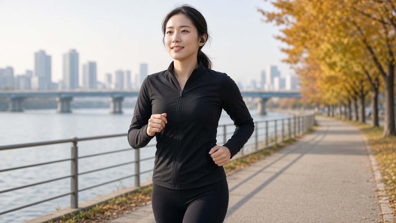 가을 아침 한강공원에서 클립형 무선 이어폰을 귀에 걸고 달리는 한국인 20대 여성