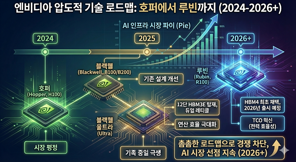H100, B100(블랙웰), B200, 그리고 R100(루빈)으로 이어지는 출시 예정일 및 성능 비교
