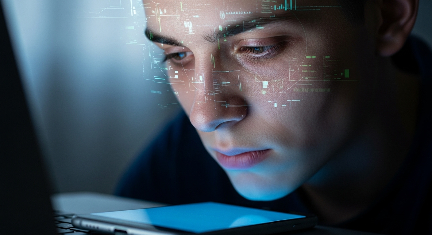 스마트폰과 노트북 화면 빛에 지쳐 보이는 MZ세대의 얼굴. 정보 과부하와 스트레스를 상징합니다.