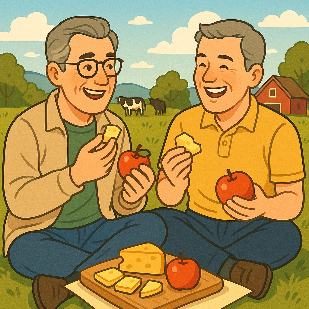 목장에서 치즈와 사과를 나눠먹는 장면