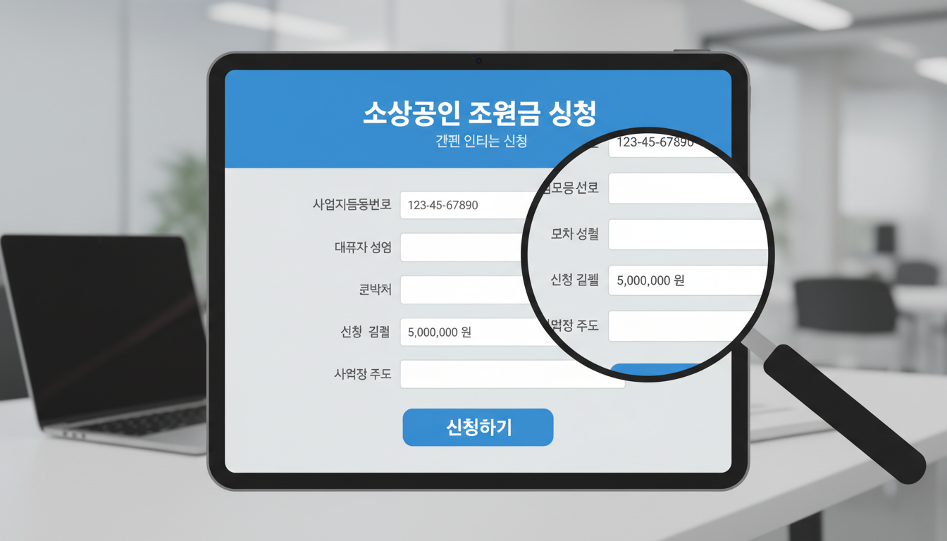 소상공인 바우처 온라인 신청 과정을 보여주는 사용자 친화적인 디지털 양식 화면.