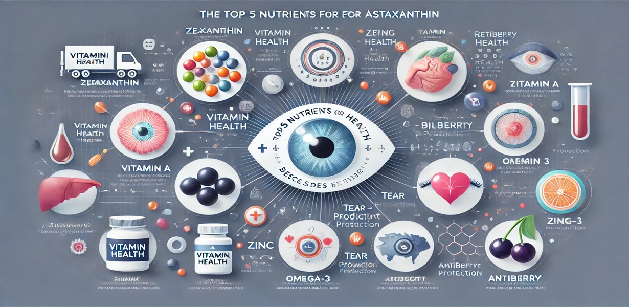 눈 건강에 좋은 제아잔틴, 비타민A, 아연, 오메가3, 빌베리 추출물의 효능을 시각화한 인포그래픽