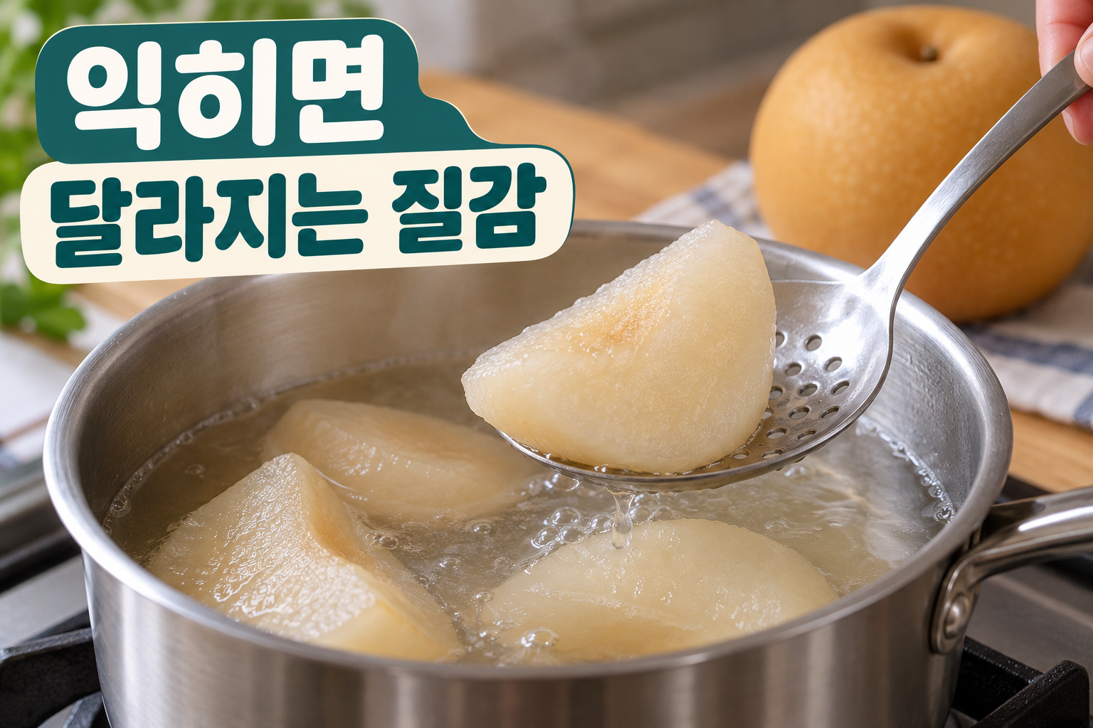 물에 익힌 배를 구멍 숟가락으로 들어 올린 모습