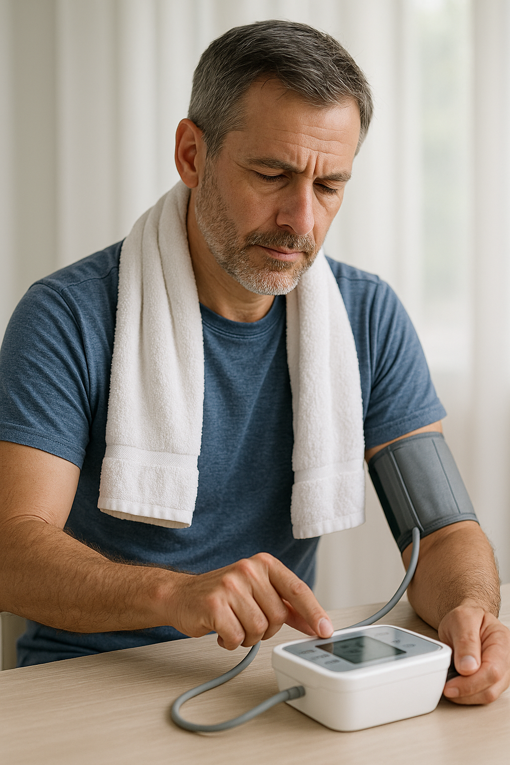 운동 후 수건을 두른 채 혈압계를 확인하며 건강을 챙기는 중년 남성
