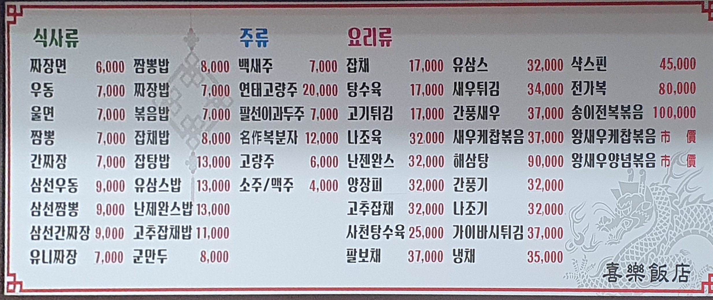 대전 탕수육 맛집 희락반점 메뉴