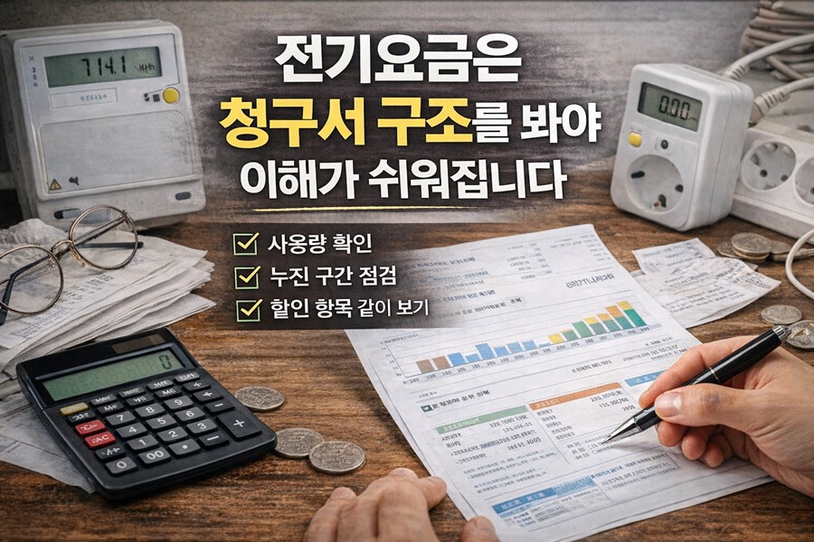 2026 전기요금 많이 나오는 이유를 이해하기 위해 사용량, 누진 구간, 할인 항목을 함께 보여주는 전기요금 청구서 점검 이미지