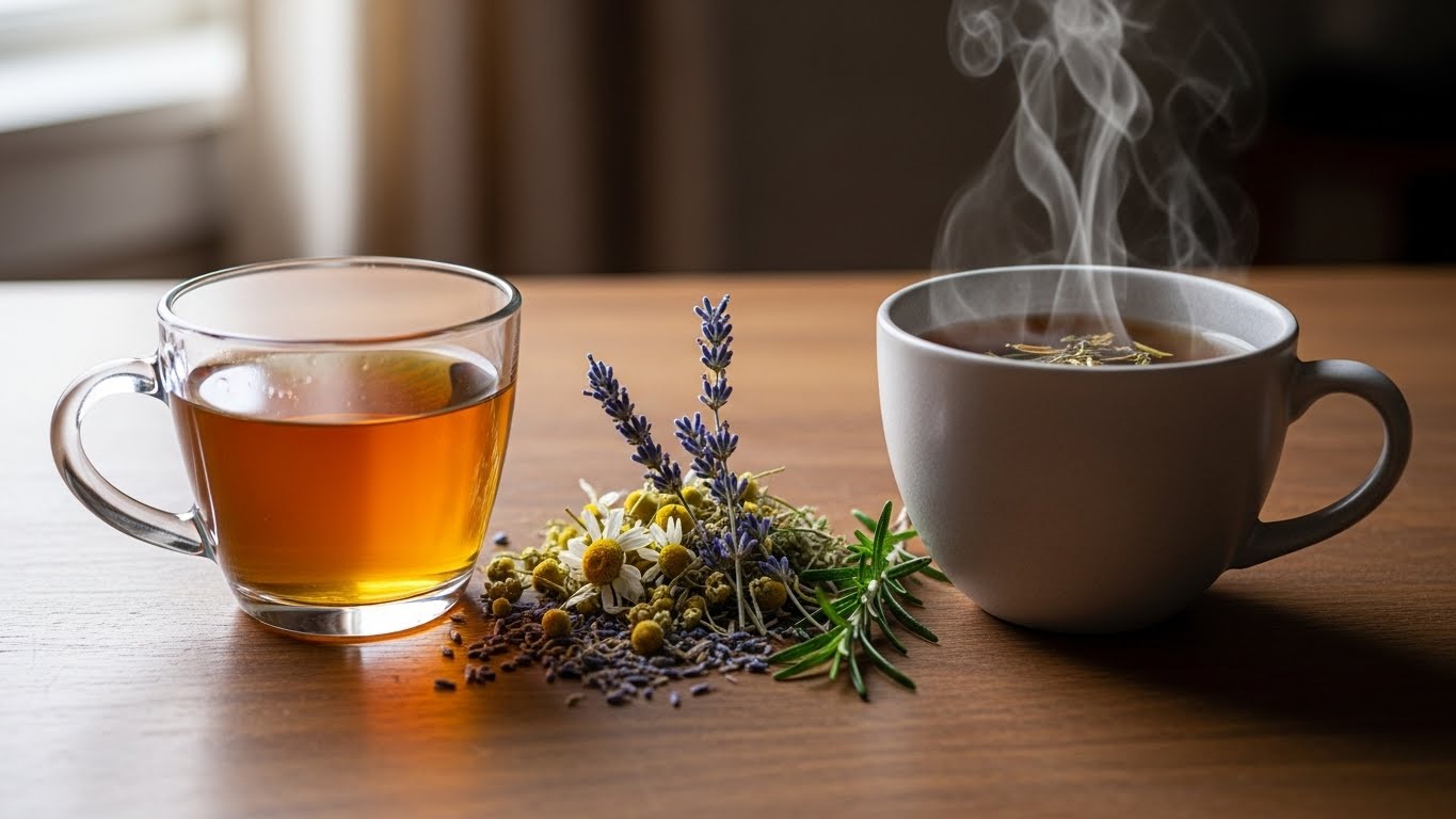 한쪽에는-호박색-허브-술-한-잔,-다른-한쪽에는-김이-나는-허브-차-한-잔을-보여주는-현실적인-장면이-있으며,-가운데에는-말린-허브가-놓여-있습니다.