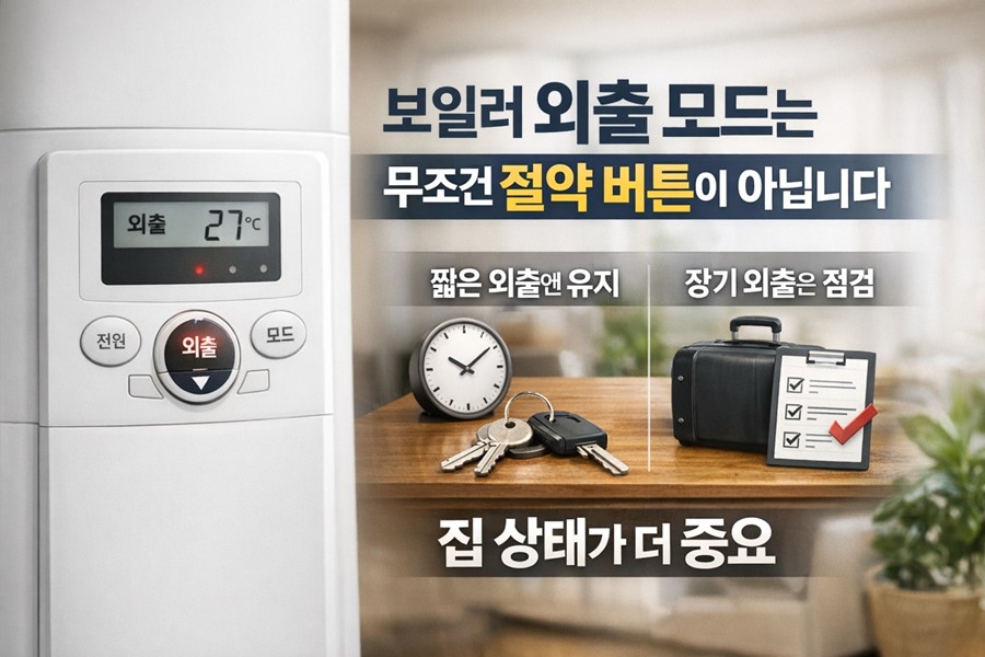 보일러 외출 모드가 실내 온도를 완전히 끄는 것이 아니라 일정 수준으로 유지하며 난방비와 동파 위험을 함께 관리하는 개념을 설명하는 이미지입니다.