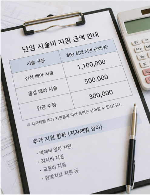 난임 시술비 지원 금액과 차수별 한도를 설명하는 표