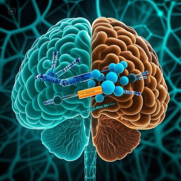 뇌의 신경 네트워크와 인슐린 분자가 복잡하게 얽혀있는 의학적 일러스트레이션. 한쪽은 건강한 뇌의 밝은 신경 연결을, 다른 쪽은 인슐린 저항성으로 어둡게 변한 뇌 부분을 대비시켜 표현. 중앙에는 인슐린 분자 구조와 포도당 분자들이 뇌 혈관을 통해 이동하는 모습을 3D 렌더링으로 시각화. 전체적으로 의학 교육용 자료 느낌의 전문적이고 과학적인 이미지.