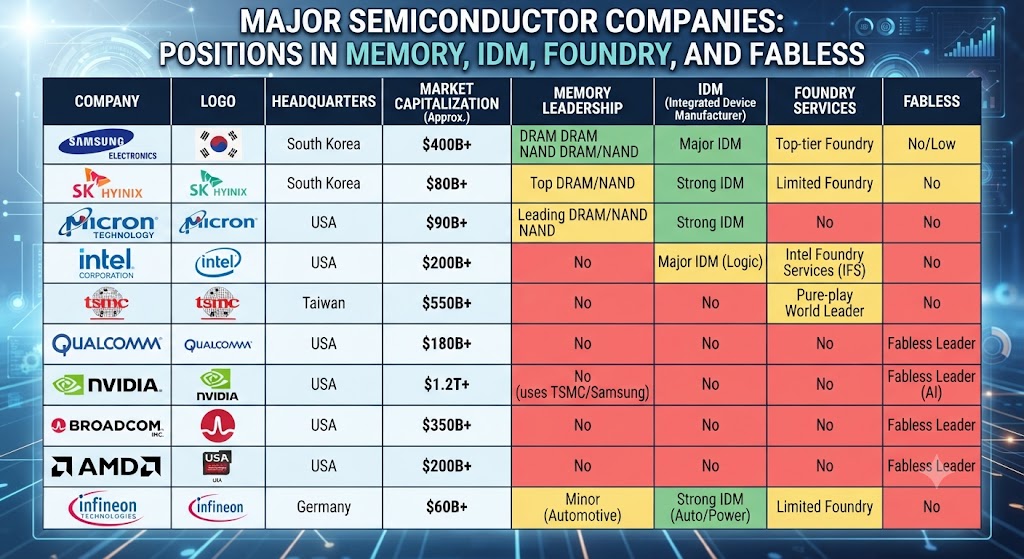 삼성전자, SK하이닉스, TSMC, 엔비디아, 퀄컴 등 주요 글로벌 반도체 기업들의 비즈니스 모델(IDM, 순수 파운드리, 팹리스)과 현재 위치를 한눈에 비교할 수 있도록 구조화한 인포그래픽 표입니다. "만드는 능력"과 "설계하는 능력"의 차이를 명확히 보여줍니다.