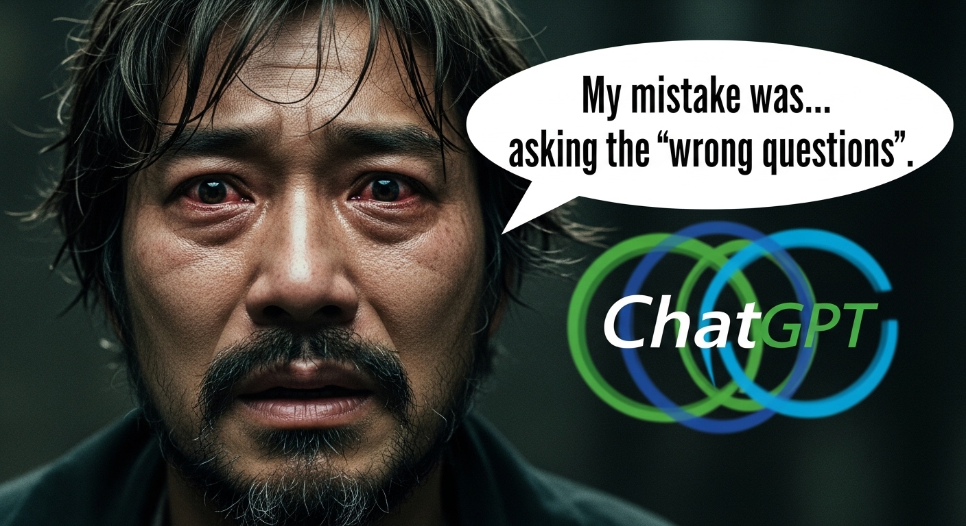 '올드보이' 오대수가 "틀린 질문만 했어..."라고 좌절하는 장면과 챗GPT 로고가 합성된 이미지