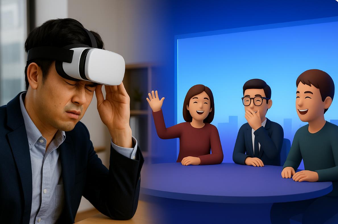 VR 회의에서 직장인이 헤드셋을 고쳐 쓰며 아바타 동료들과 대화하는 모습.