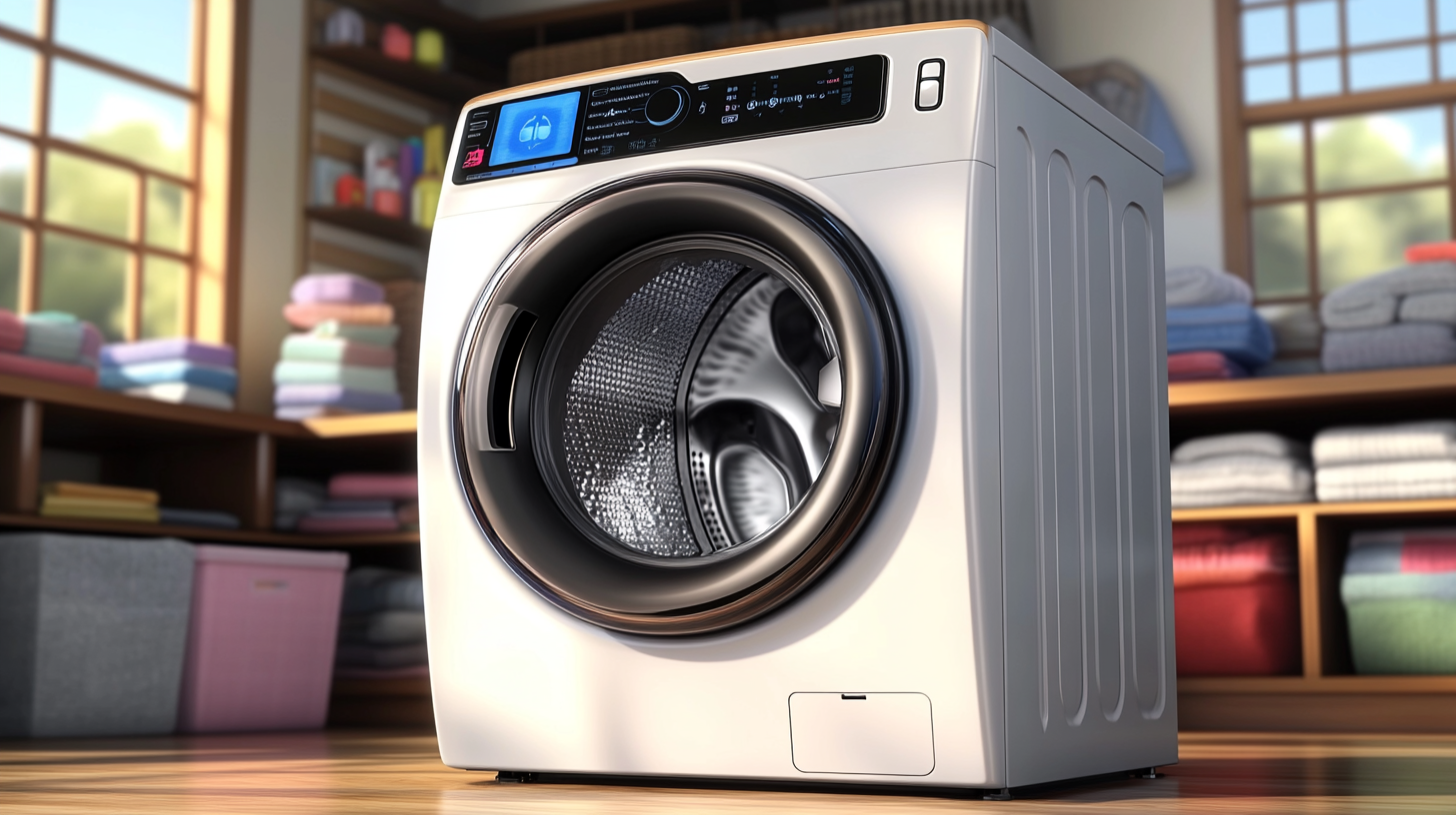 모던 홈 인테리어에 배치된 최첨단 삼성 AI 세탁기, 직관적인 인터페이스와 깔끔한 디자인으로 스마트한 기능 강조