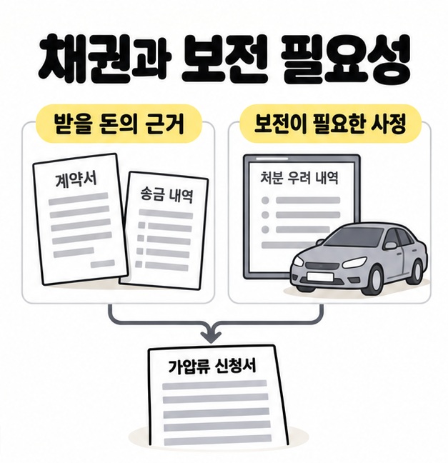 받을 돈의 근거인 계약서와 송금 내역, 보전이 필요한 사정인 처분 우려 기록과 자동차를 가압류 신청서로 연결한 그림