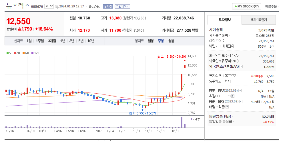 뉴프렉스 주봉차트
