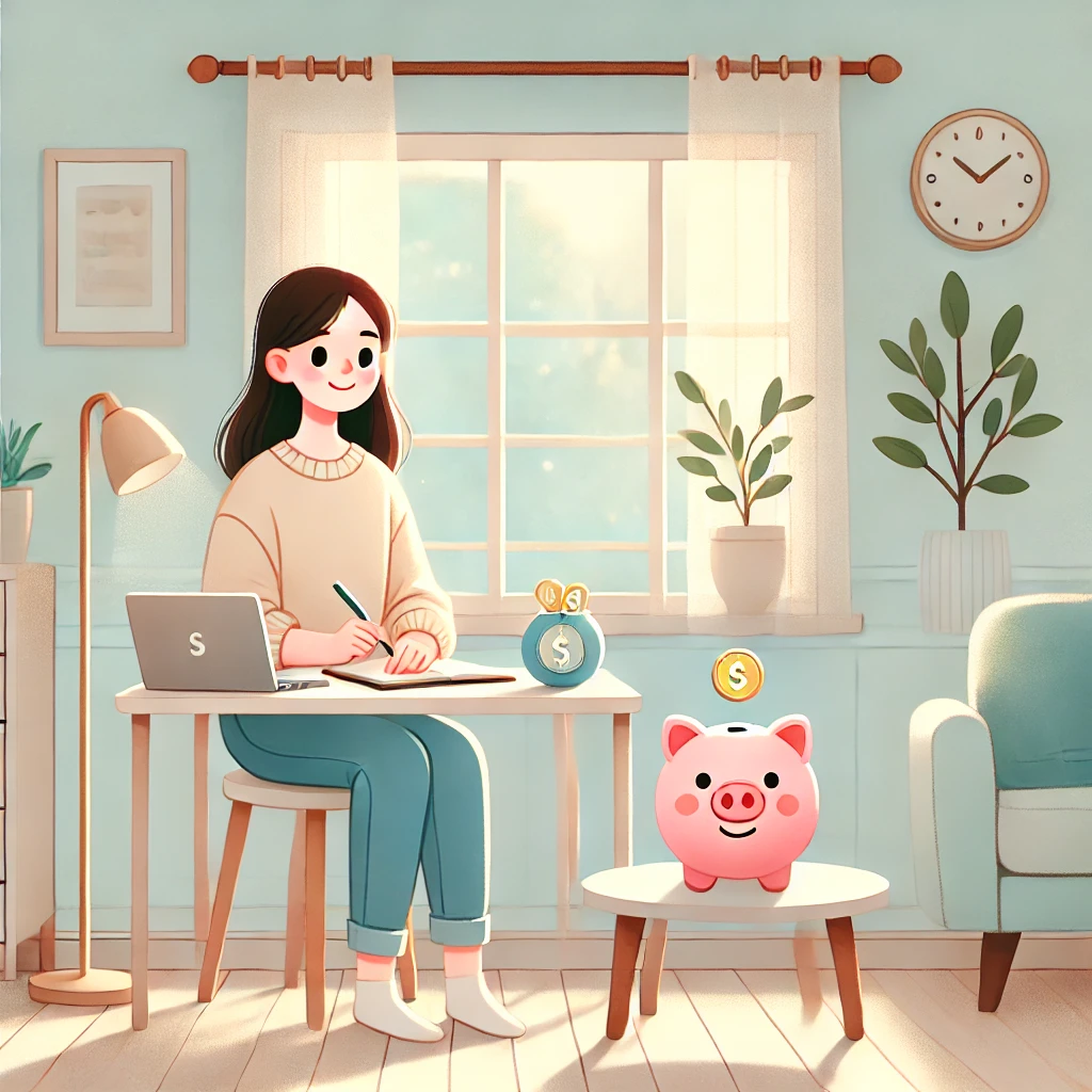 청년이 책상에서 저축 계획을 세우는 따뜻한 분위기의 일러스트, 청년내일저축계좌와 청년 자산 형성 관련 이미지