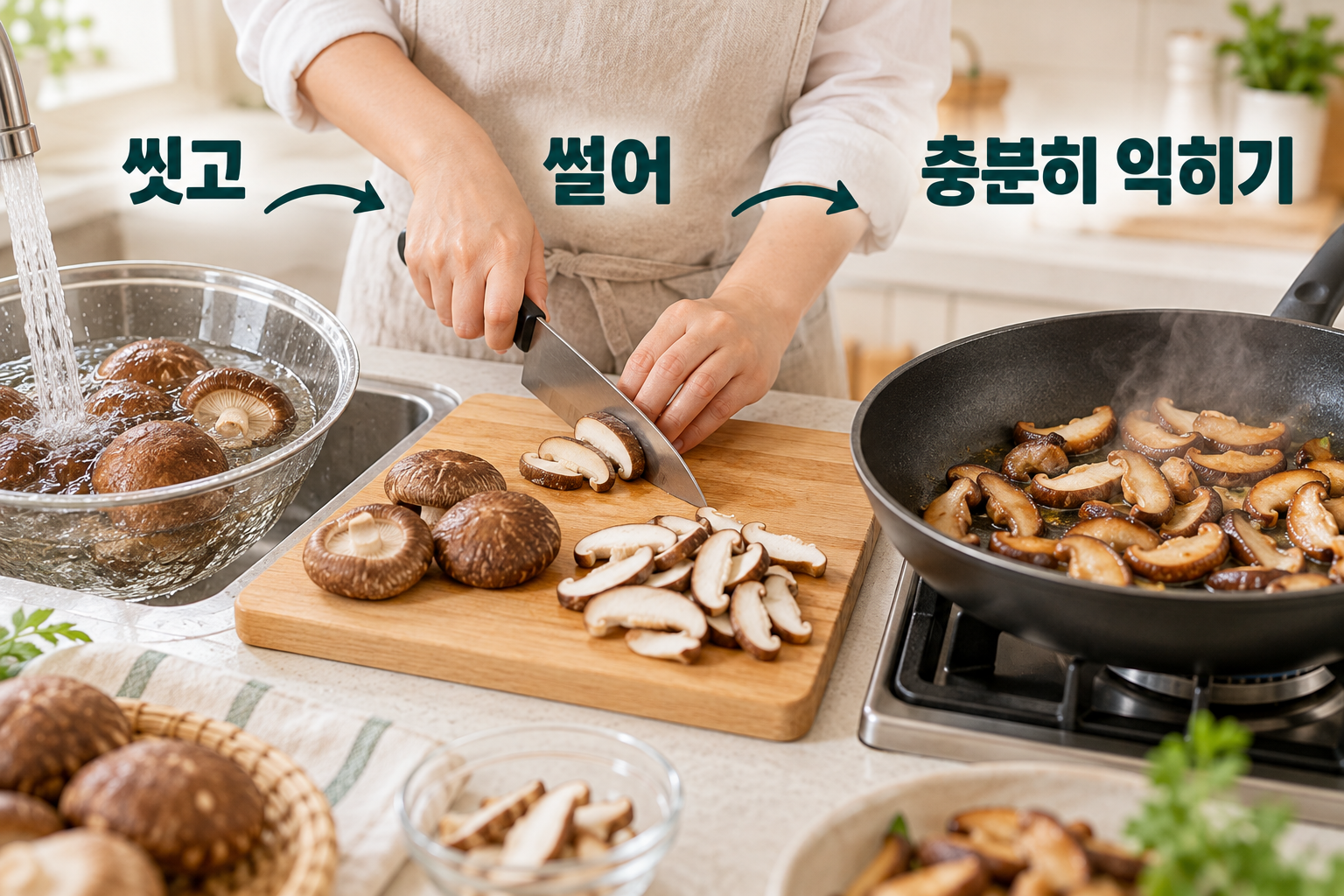깨끗이 손질해 썬 표고와 팬에서 익히는 표고