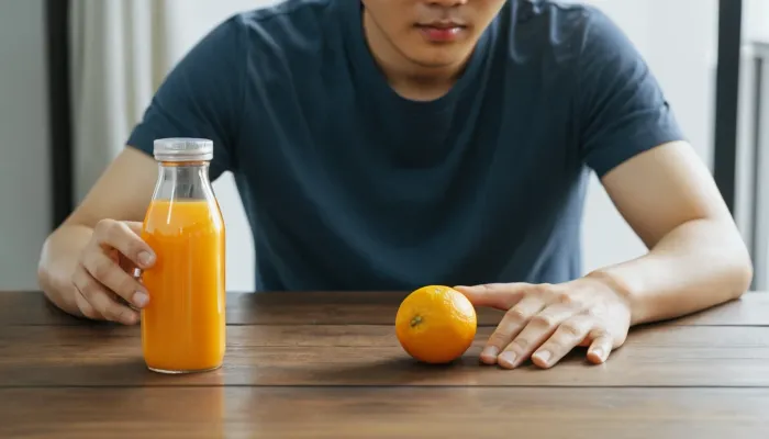 면역력 높이는 영양제 비타민C를 손에 들고 설명하는 모습