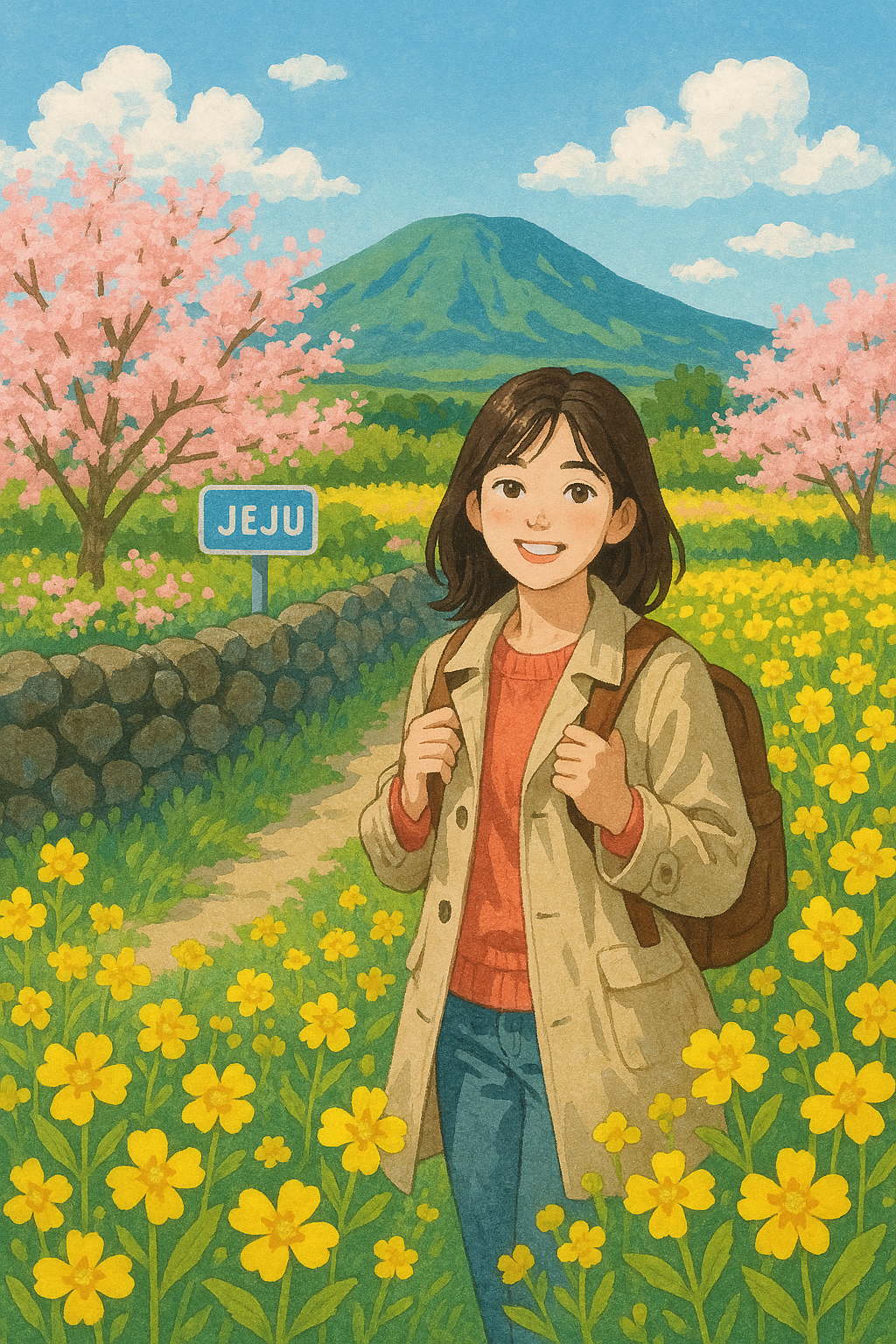 제주 유채꽃 앞에서 사진 찍는 모습