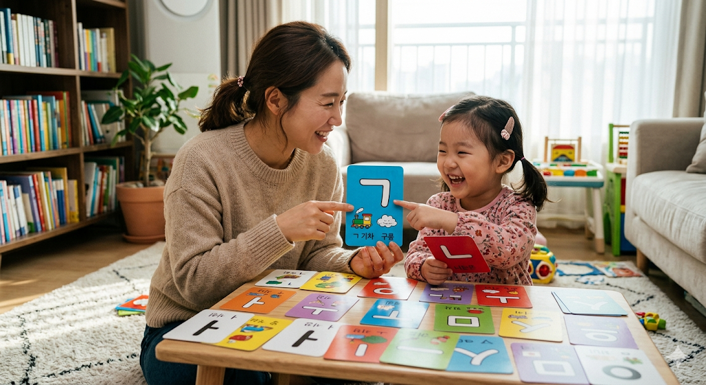 아이가 엄마와 글자카드로 놀이하며 한글을 배우는 모습
