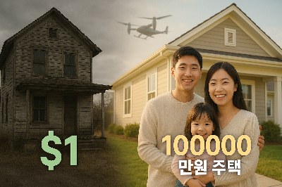 좌측에는 낡고 허름한 1달러 주택 이미지, 우측에는 밝고 깨끗한 '만원 주택' 앞에서 웃고 있는 젊은 한국인 부부와 아이의 모습. 중앙에는 희미하게 UAM이 날아가는 실루엣을 배치하여 희망적인 미래를 암시