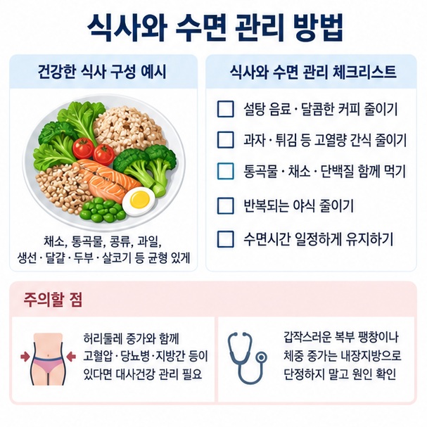 설탕 음료 간식 야식은 줄이고 채소 통곡물 단백질과 충분한 수면을 챙기는 방법을 보여주는 이미지