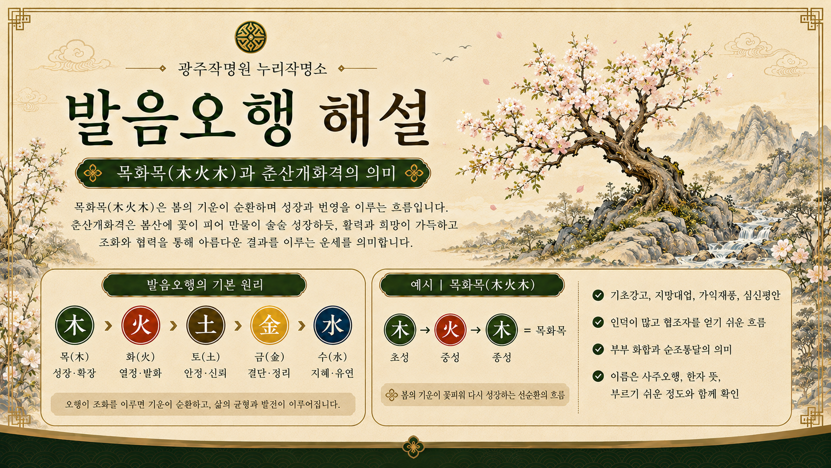 파주작명원 발음오행 목화목과 춘산개화격 의미를 설명하는 누리작명소 이미지