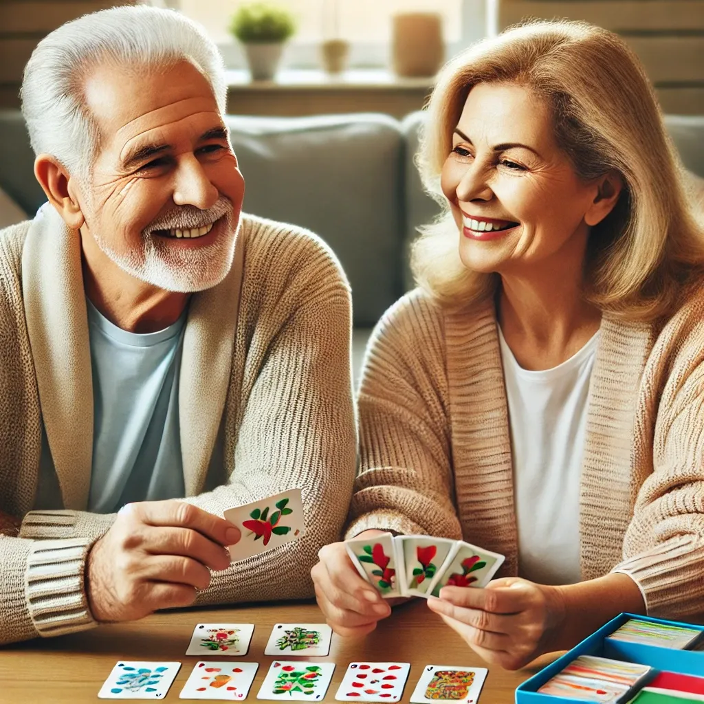 치매 예방을 위해 매칭 카드 게임을 즐기는 노부부&amp;#44; 따뜻하고 아늑한 분위기 속에서 미소 지으며 게임을 하는 모습.