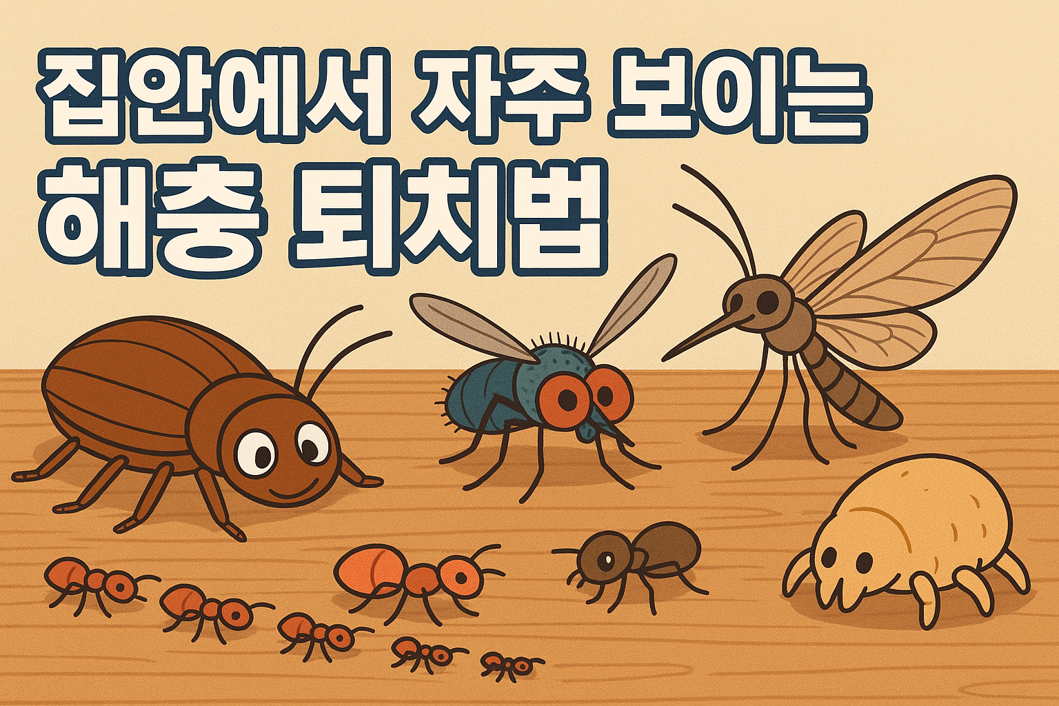 집안에서 자주 보이는 해충인 파리, 모기, 바퀴벌레, 개미, 나방, 진드기를 표현한 그림