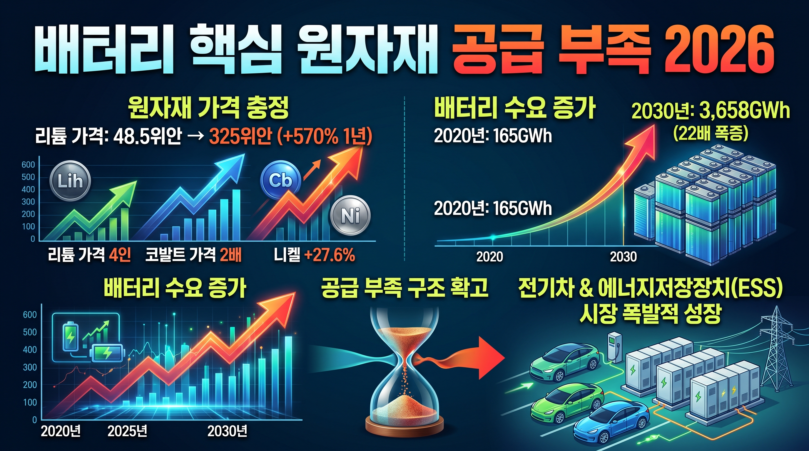 배터리 원자재 극도 수급 타이트 2026: 리튬 가격 7배(48.5&rarr;325원), 코발트 2배, 니켈 +27.6%. 배터리 수요 2020년 165GWh &rarr; 2030년 3,658GWh(22배). 공급 부족 구조 확정