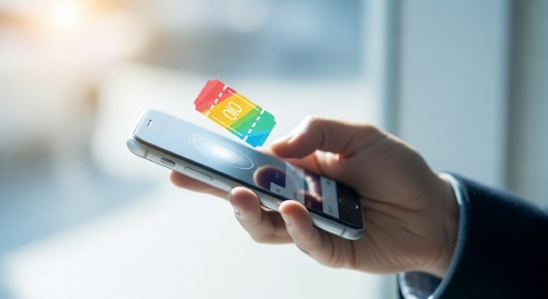 손에 쿠폰 아이콘이 떠 있는 스마트폰 화면