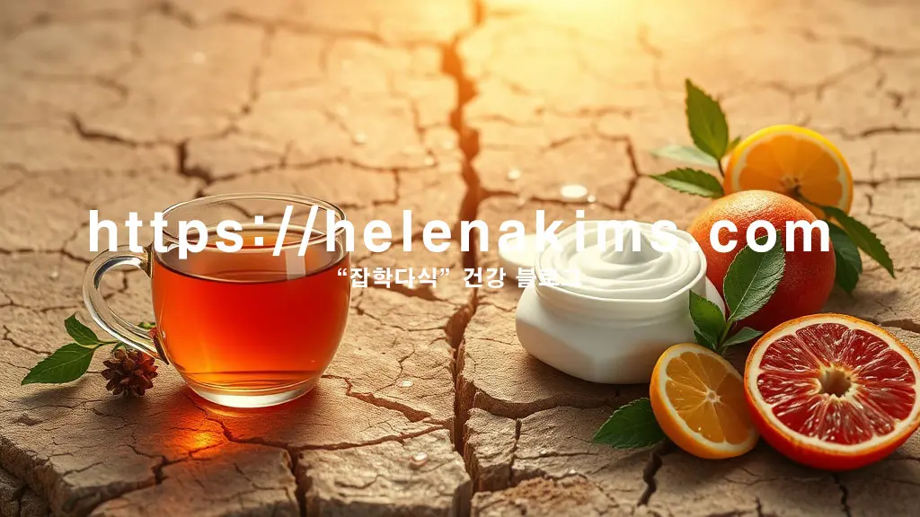 극심하게 건조하고 갈라진 피부 위에 부드러운 물방울과 촉촉한 보습 크림이 스며드는 모습. 한편에는 항염증에 좋은 허브차와 신선한 과일이 놓여있다.