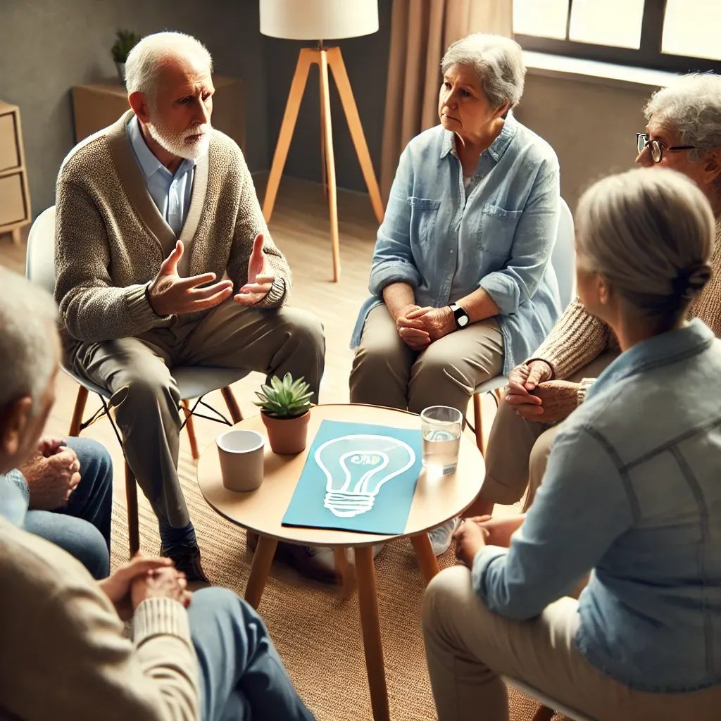 치매 예방을 위해 기억 관리 지원 그룹에 참여하여 토론하고 경험을 나누며 사회적 고립을 극복하고 두뇌 건강을 지원하는 노인들&amp;#44; 원형으로 앉아 대화에 집중하는 모습