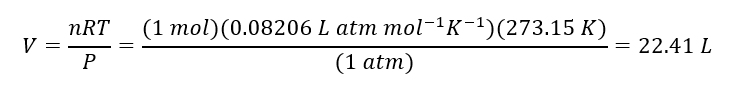 이상기체 방정식에 이 값을 대입하면, STP에서의 이상기체의 몰부피를 알 수 있다.