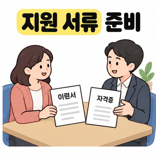 지원자와 채용 담당자가 테이블에 마주 앉아 이력서와 자격증 서류를 살펴보는 지원 준비 이미지