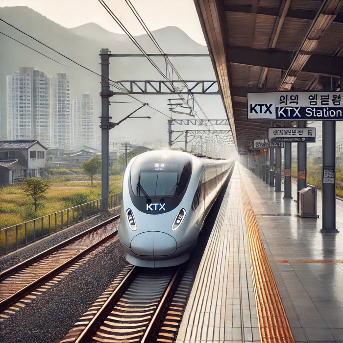 원주역에서 출발하는 KTX 열차와 역 플랫폼의 모습