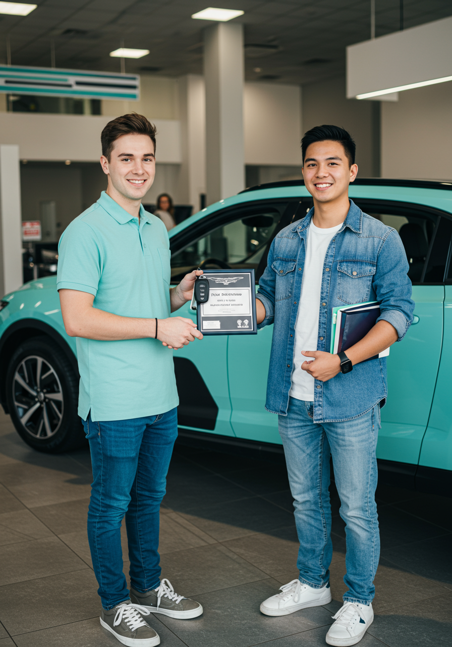 남학생이 자신의 차량을 구매하고 차량앞에서 인증샷을 자동차 딜러와 함께 찍고 있는 이미지