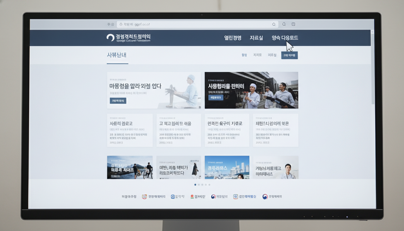 경기문화재단 웹사이트에서 '활동실적 폼'을 다운로드 받기 위해 메뉴를 탐색하는 컴퓨터 화면