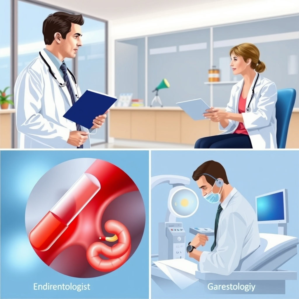 의사가 환자와 상담하고 혈액 검사 및 내시경 검사를 진행하는 장면을 순서대로 나타낸 이미지입니다.