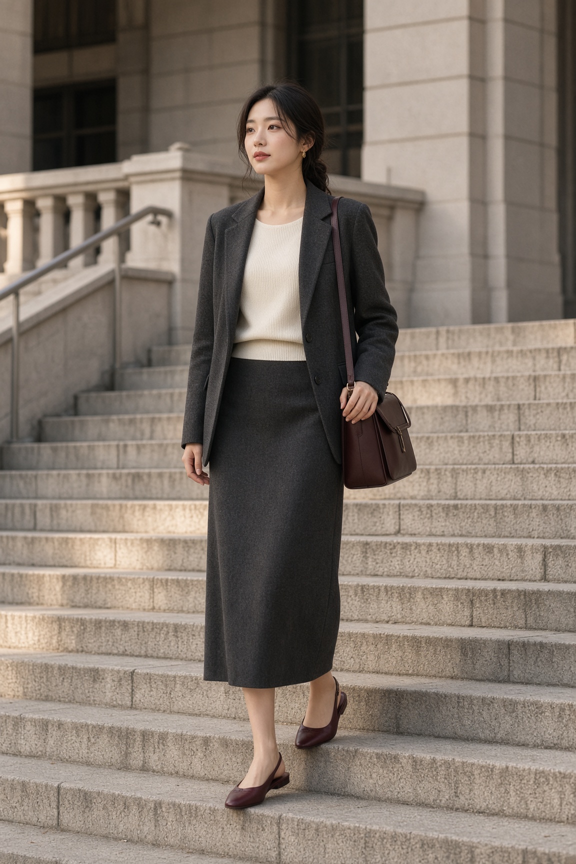 결론부터: 한쪽은 단정하게, 다른 한쪽은 느슨하게 입는다처럼 색과 아이템을 연결해 전체 착장을 정돈한 코디입니다.