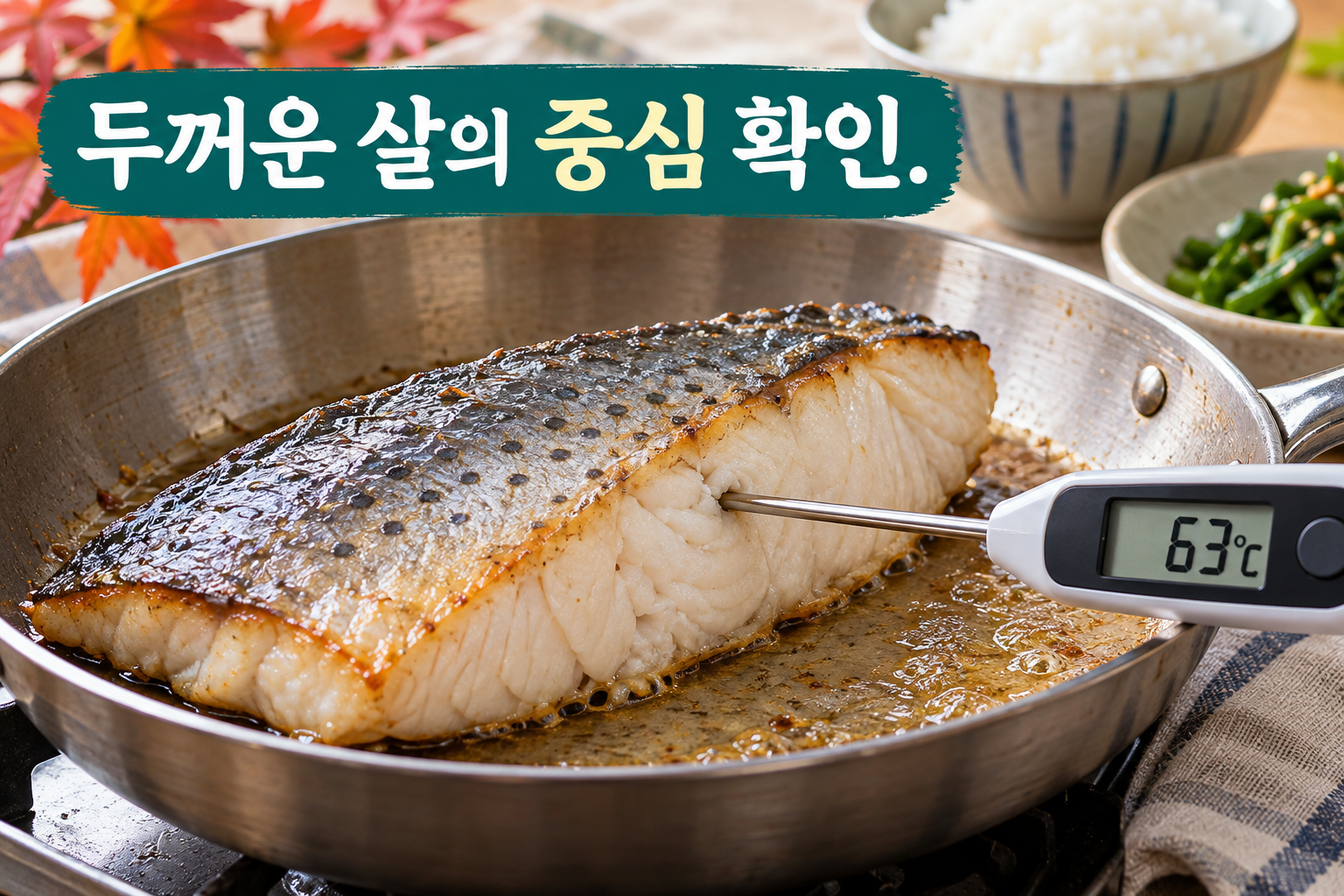 두꺼운 삼치 살의 중심에 식품용 온도계를 넣어 약 63℃를 확인하는 장면.