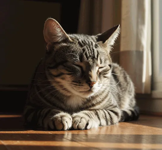 따뜻한 아침 햇살 아래 나무 바닥에 잠든 고양이, 아늑하고 조용한 분위기.