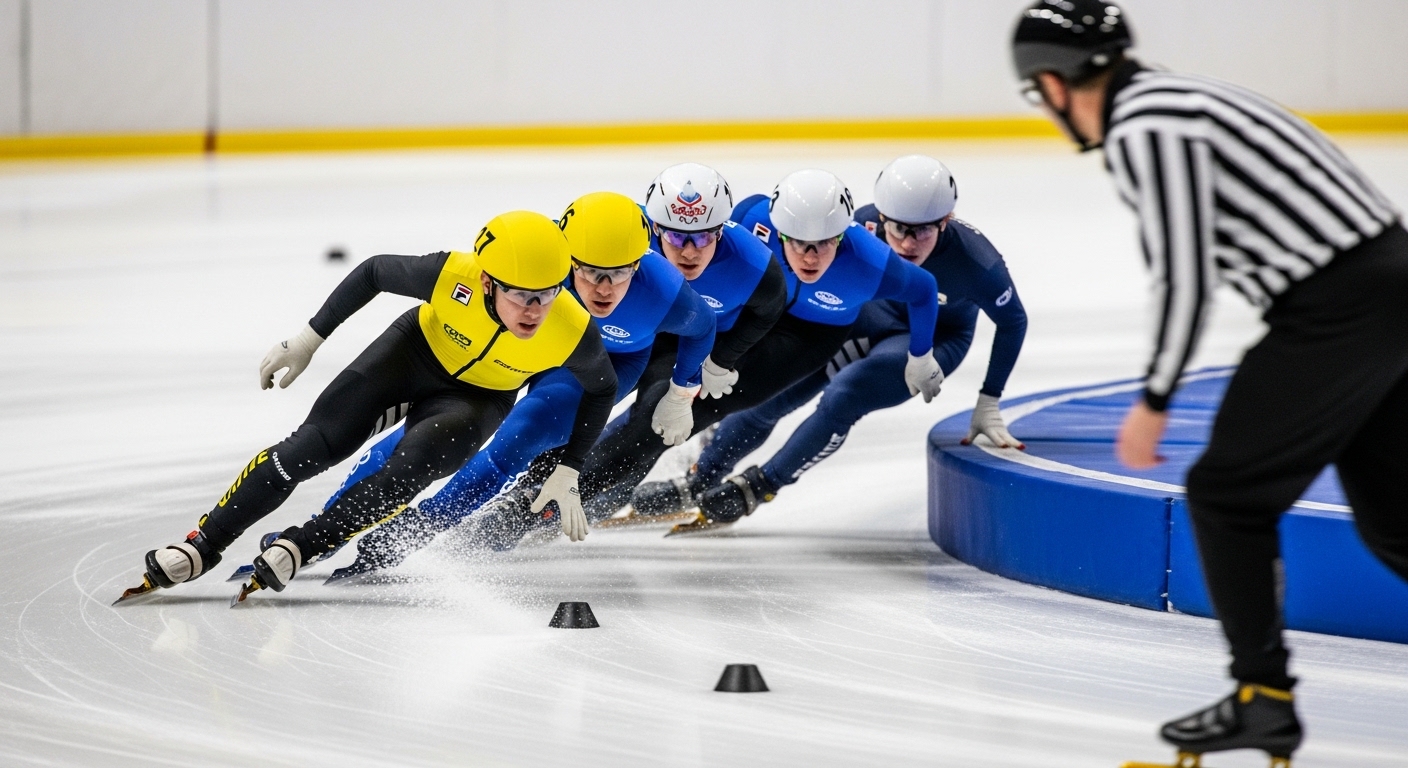 쇼트트랙에서 선수들이 밀집 주행하며 접촉과 실격 변수가 커지는 장면, 판정이 중요한 레이스 상황