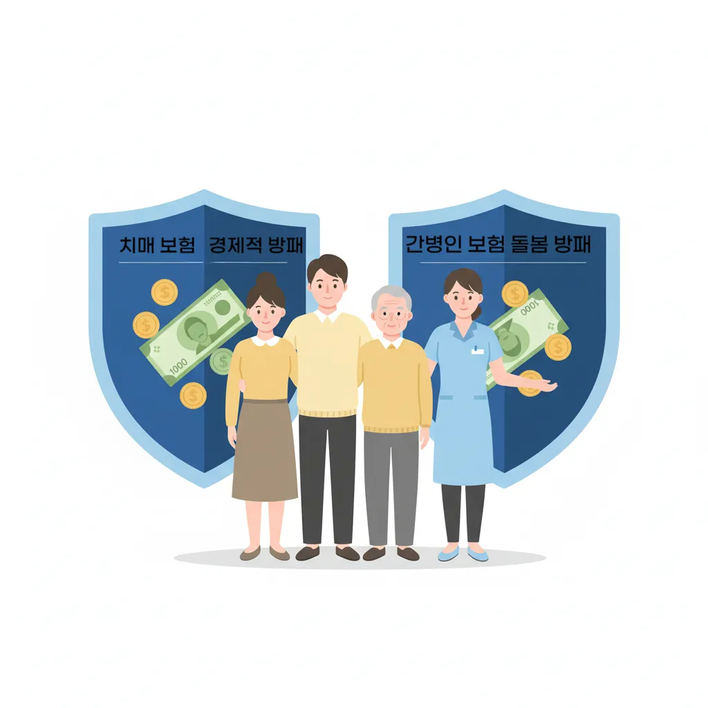 "치매 보험과 간병인 보험 두 개의 방패가 가족을 지켜주는 인포그래픽"