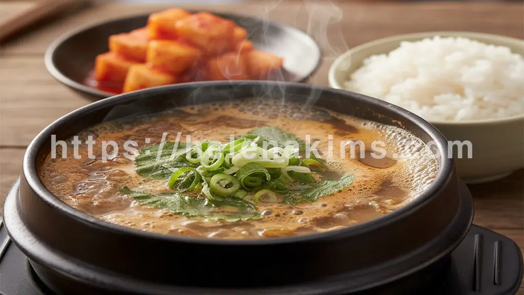 구수하고 걸쭉해 보이는 추어탕이 따뜻한 밥, 깍두기와 함께 푸짐하게 차려져 있다.