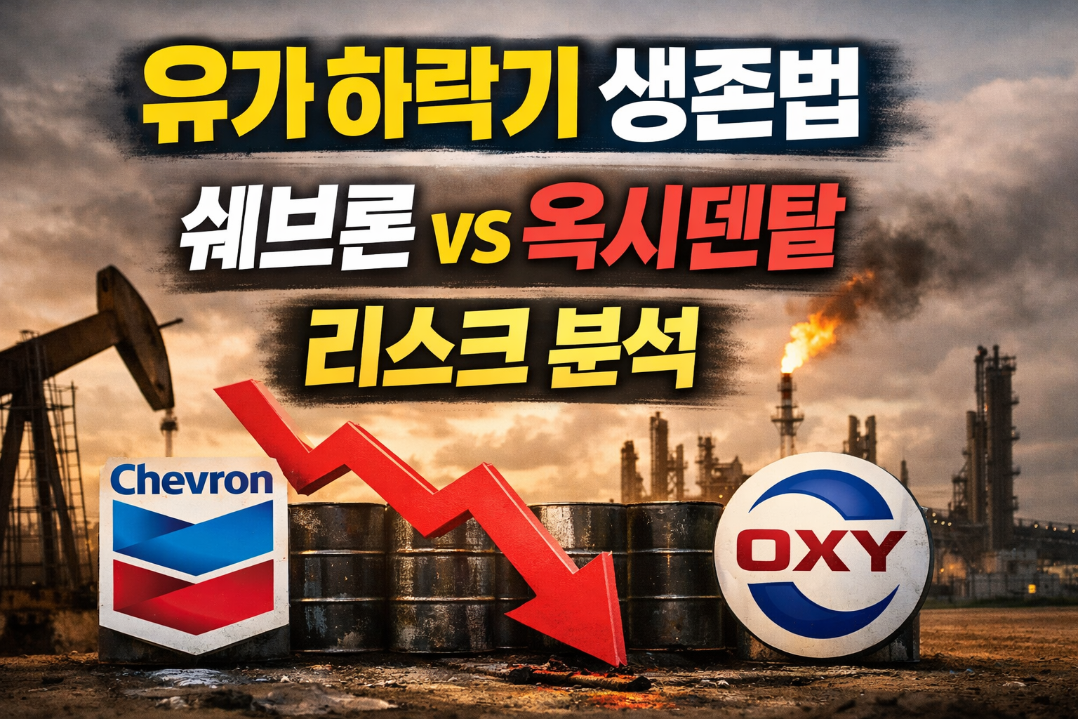 유가 하락기 에너지주 리스크 분석 이미지, 쉐브론 옥시덴탈 비교와 하락 화살표, 에너지주 투자 판단 시각화