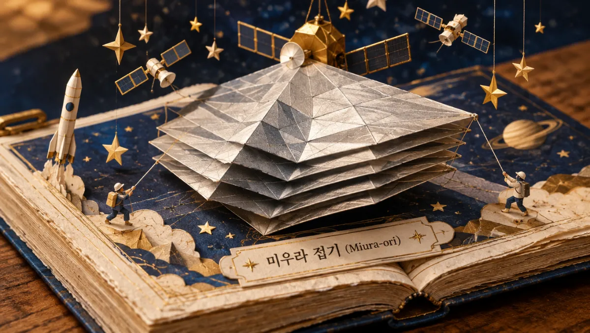 미우라 접기 패턴으로 지그재그 산형 구조가 솟아오른 팝업북 위에서 종이 인형들이 실로 대각선 끝을 당기고, 다층 은색 차광막이 펼쳐지는 모습